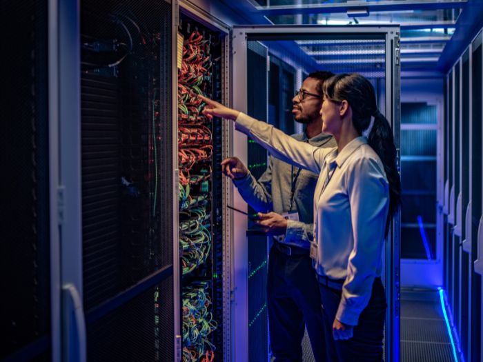 IT systems. Worker looking at systems